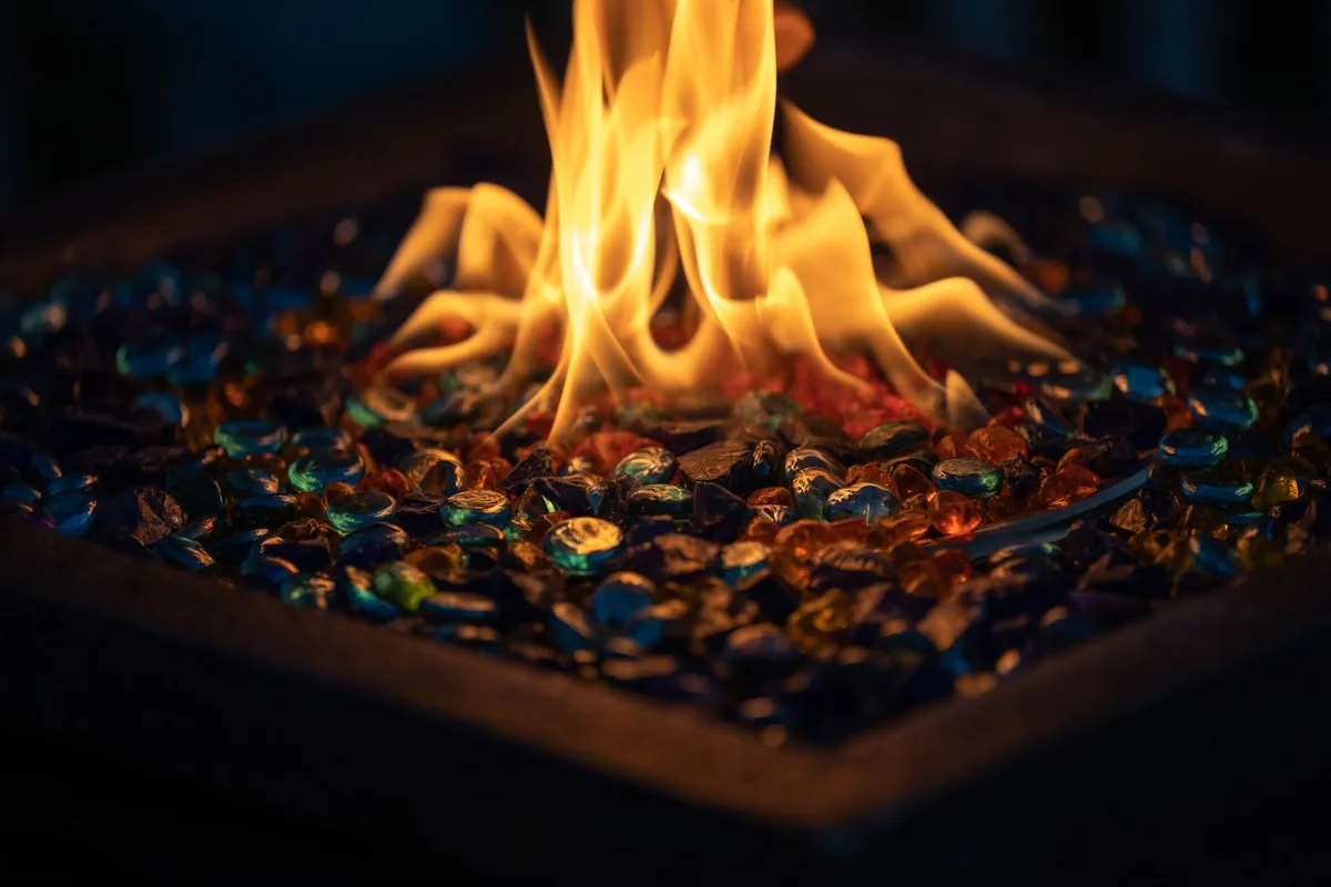 Close-up of a gas flame rising from a bed of colored fire glass in a square fire pit