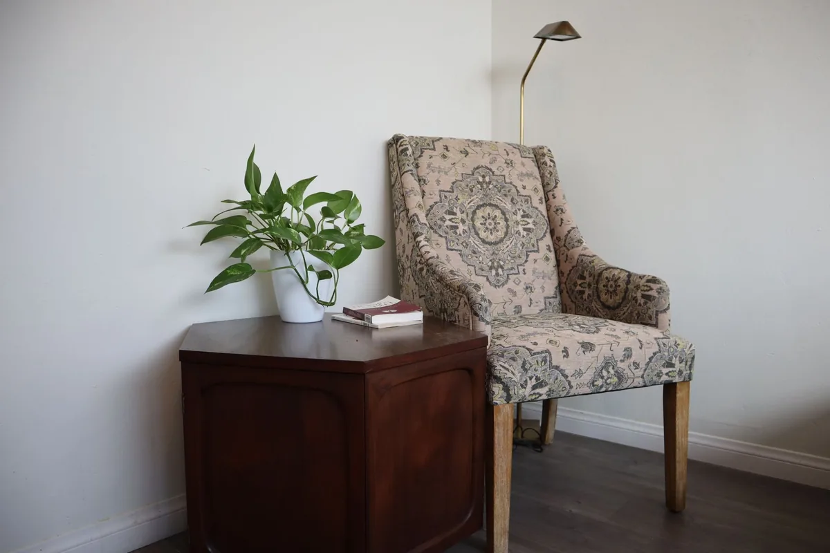 A patterned wingback armchair in a corner beside a small wooden side table with a plant and a floor lamp