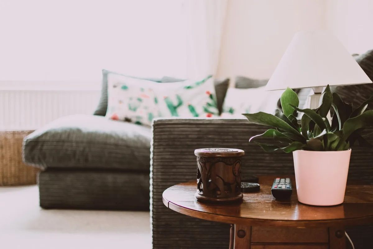 A round dark wood side table beside a grey sofa arm, holding a carved wooden pot, a remote control and a potted plant