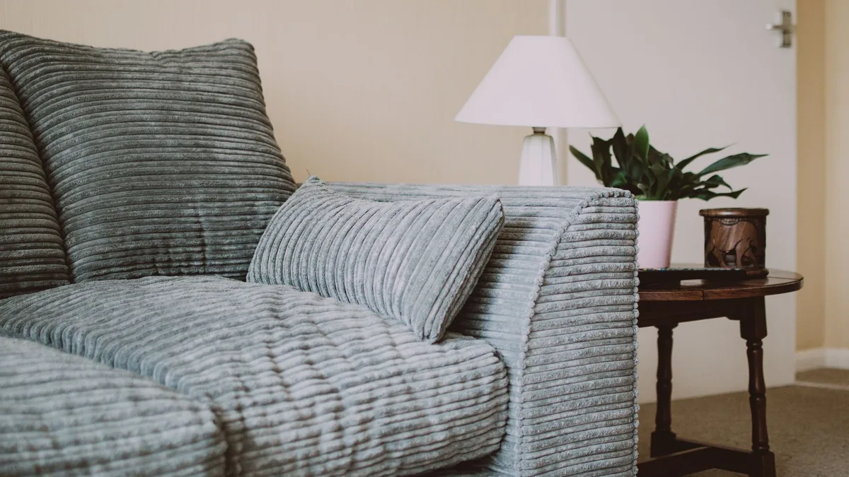 A grey upholstered sofa in a living room with a small round dark wood side table beside its arm, holding a lamp and a plant