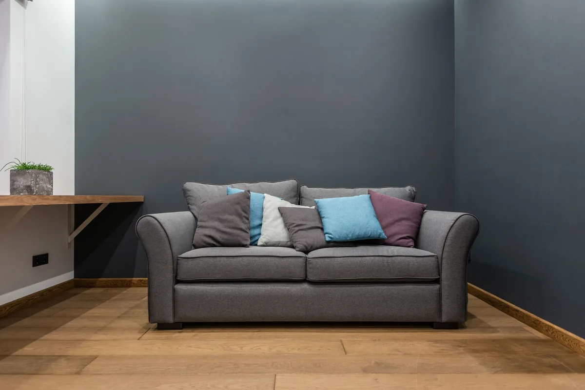 A grey two-seat sofa with scatter cushions against a dark grey wall on a wood floor, with a small wall shelf and a plant at the left